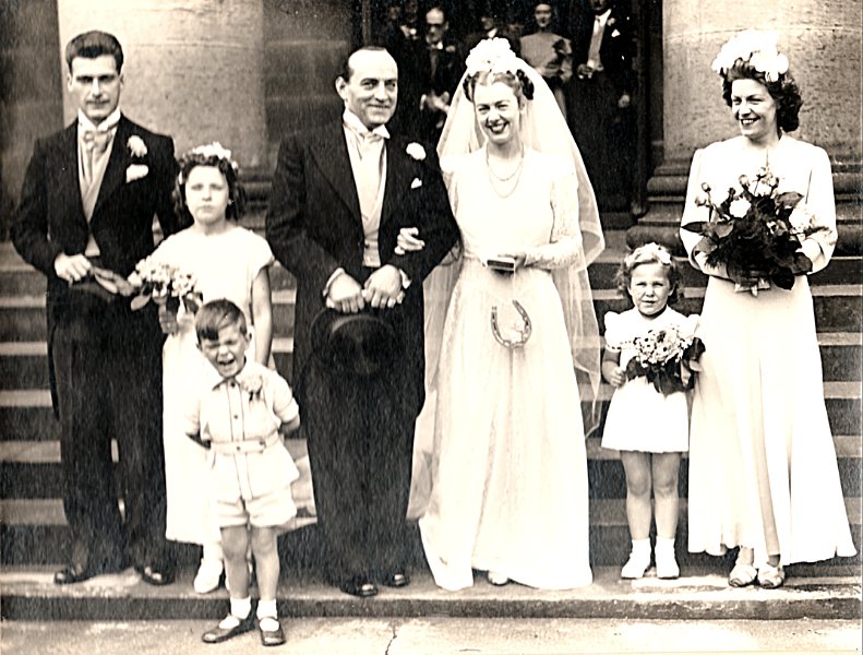 dadandmomwedding4-1946.png - adults from left to right: Robert Runciman, Jr., the groom Tadeusz Blomberg his bride Priscilla Macgregor Brown, maid of honor Phyllis Swan